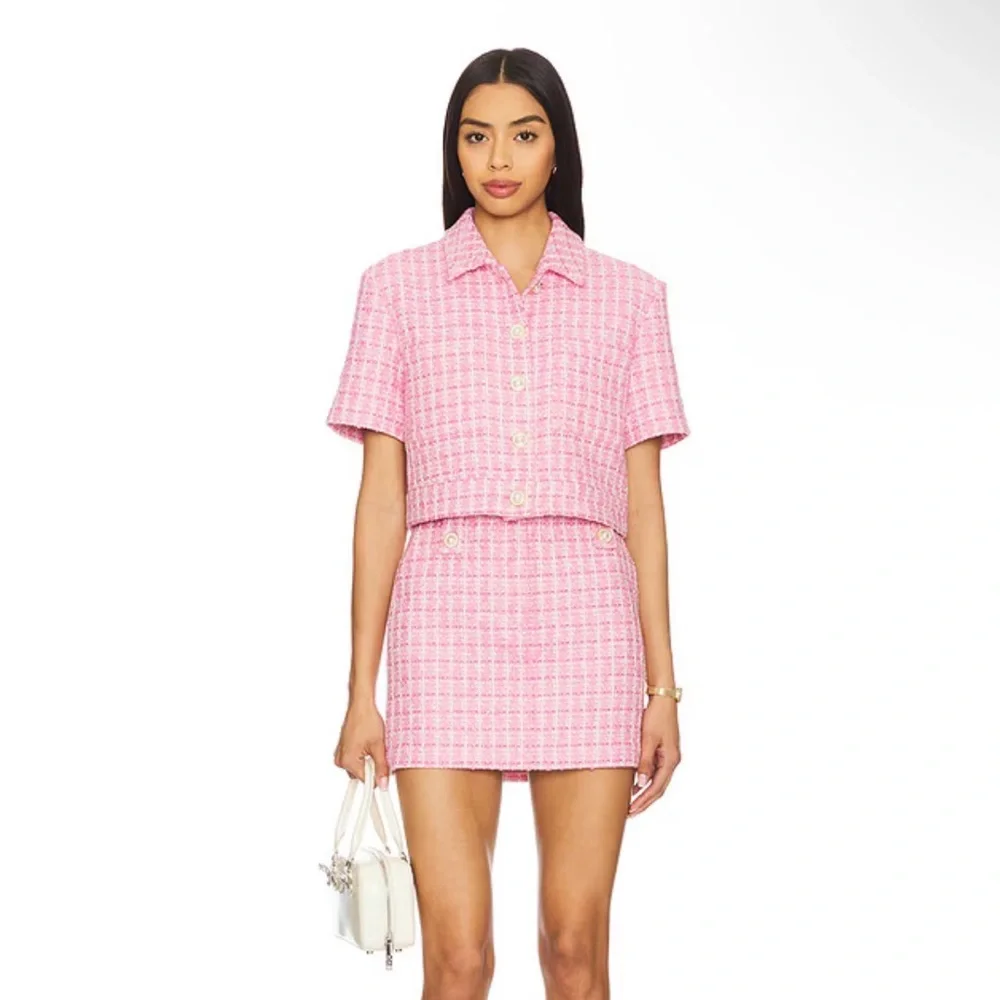 Lovers + Friends Pink Tweed Matching Set Crop Top Mini Skirt Size XS